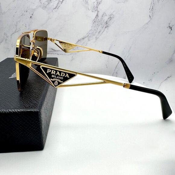 PRADA Sunglasses Gold Metal Square Triangle Black Logo Made in Italy Authentic - Picture 3 of 16